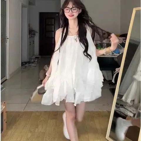 Set bộ váy hai dây xanh xòe tầng bèo mùa hè đi biển