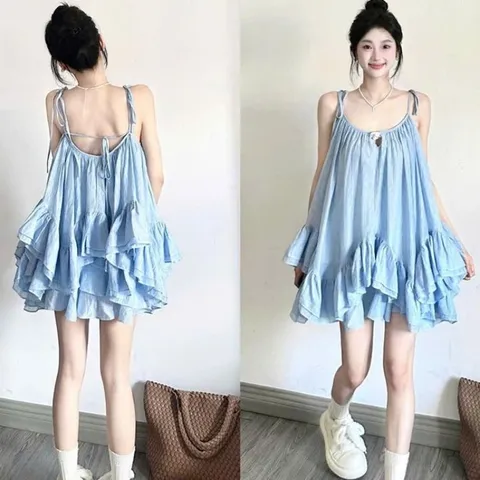 Set bộ váy hai dây xanh xòe tầng bèo mùa hè đi biển