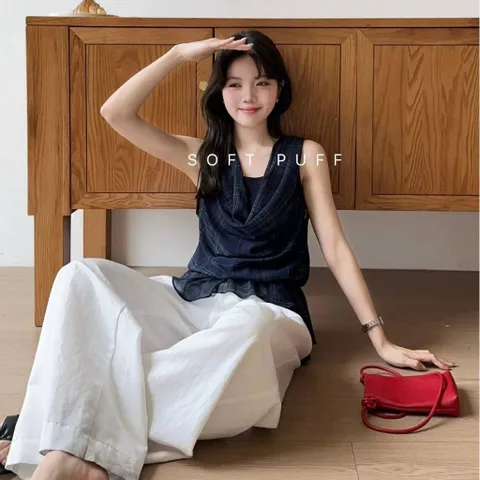 Áo voan kẻ cổ đổ xếp bèo nhún vạt xéo kiểu Pháp nhẹ nhàng