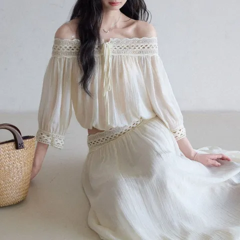 Set bộ áo voan tơ trễ vai phối ren viền hoa kèm chân váy dài maxi phong cách nhẹ nhàng đi biển