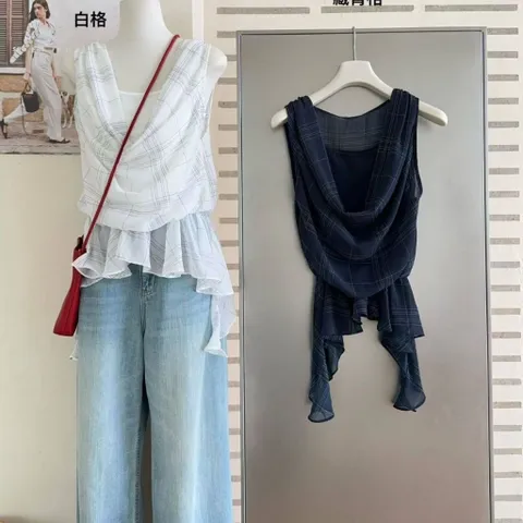 Áo voan kẻ cổ đổ xếp bèo nhún vạt xéo kiểu Pháp nhẹ nhàng