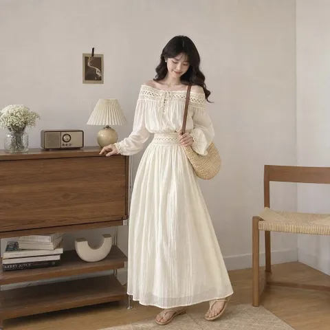 Set bộ áo voan tơ trễ vai phối ren viền hoa kèm chân váy dài maxi phong cách nhẹ nhàng đi biển