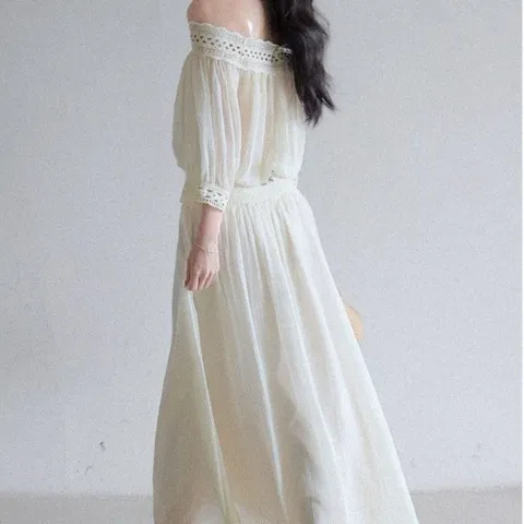 Set bộ áo voan tơ trễ vai phối ren viền hoa kèm chân váy dài maxi phong cách nhẹ nhàng đi biển