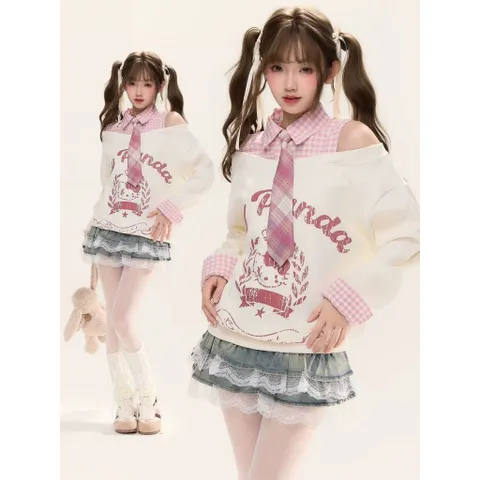 Áo hoodie phối cổ sơ mi kẻ hở vai kèm cavat in hình mèo cá tính