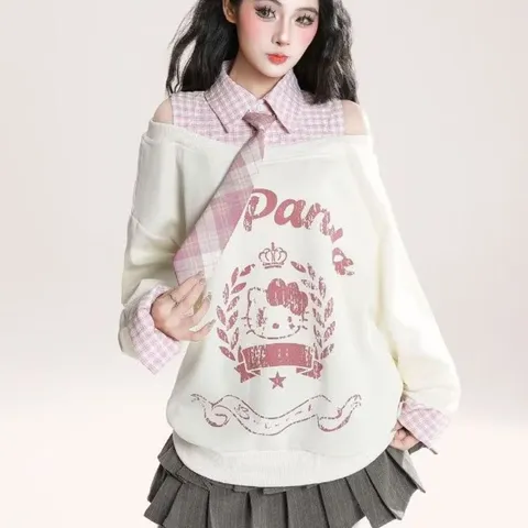 Áo hoodie phối cổ sơ mi kẻ hở vai kèm cavat in hình mèo cá tính