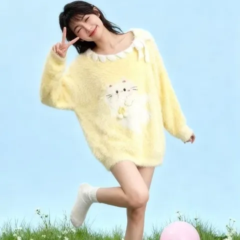 Áo len lông in hình chú mèo đan dây cổ dễ thương