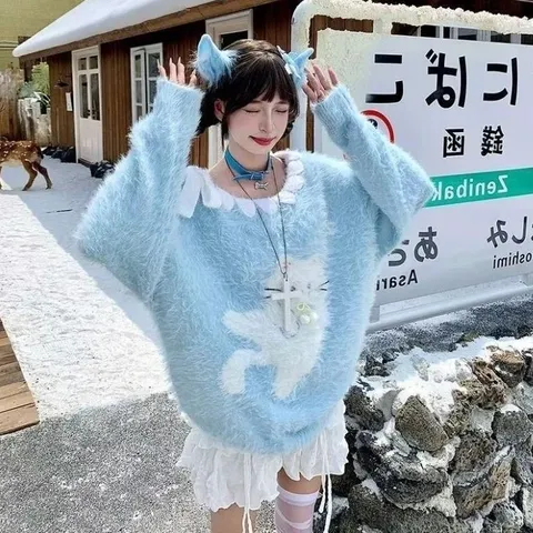 Áo len lông in hình chú mèo đan dây cổ dễ thương