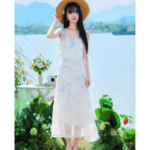 Váy Hai Dây Xanh Họa Tiết Loang Đính Hoa Nổi Sắc Màu Đi Biển Phong Cách Tiểu Thư (SẴN )