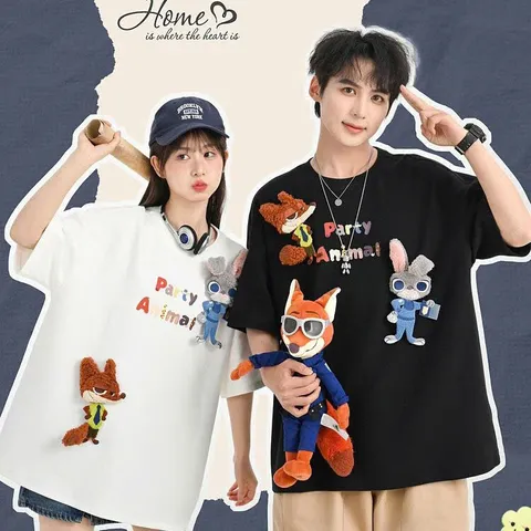 Áo thun đôi nam nữ kèm ghim thêu hình chú thỏ và cáo trong Zootopia tinh nghịch