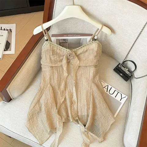 Áo Hai Dây Nâu Cổ V Viền Ren Xếp Tầng Vạt Xéo Đính Hoa Hồng Phong Cách Nàng Thơ Vintage (SẴN SHIP HỎA TỐC)