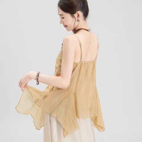 Áo Hai Dây Nâu Cổ V Viền Ren Xếp Tầng Vạt Xéo Đính Hoa Hồng Phong Cách Nàng Thơ Vintage (SẴN SHIP HỎA TỐC)