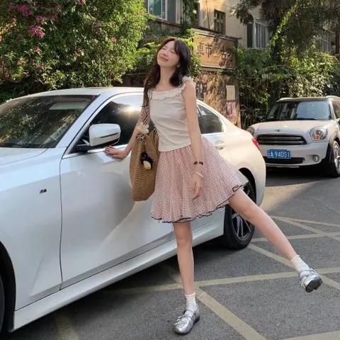 Chân váy lưới chấm bi ngọt ngào, chân chữ A cạp cao mùa hè kiểu dáng midi ba lê phồng xòe dành cho nữ (SẴN SHIP HỎA TỐC)