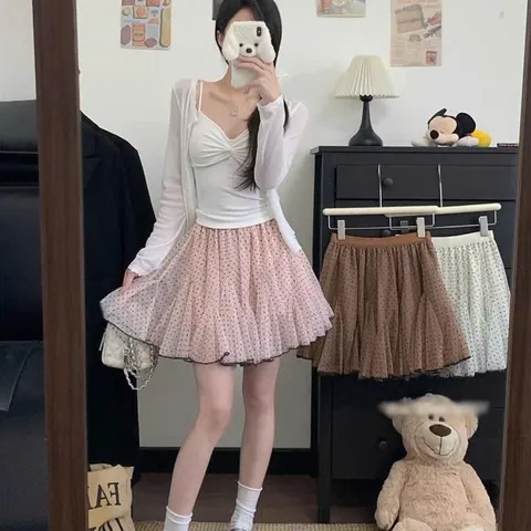 Chân váy lưới chấm bi ngọt ngào, chân chữ A cạp cao mùa hè kiểu dáng midi ba lê phồng xòe dành cho nữ (SẴN SHIP HỎA TỐC)