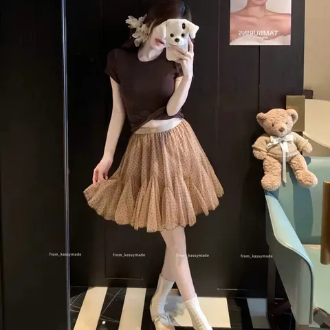 Chân váy lưới chấm bi ngọt ngào, chân chữ A cạp cao mùa hè kiểu dáng midi ba lê phồng xòe dành cho nữ (SẴN SHIP HỎA TỐC)