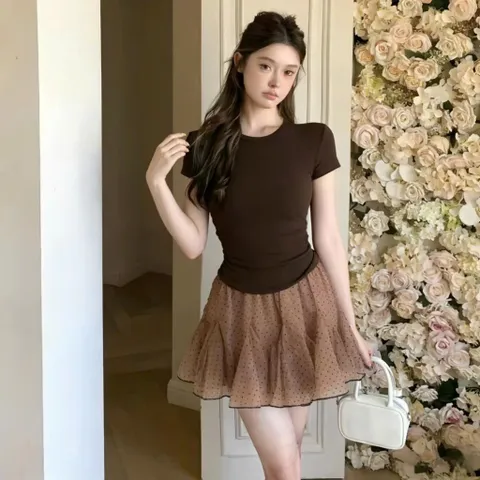 Chân váy lưới chấm bi ngọt ngào, chân chữ A cạp cao mùa hè kiểu dáng midi ba lê phồng xòe dành cho nữ (SẴN SHIP HỎA TỐC)