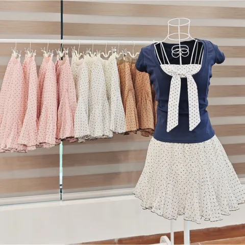 Chân váy lưới chấm bi ngọt ngào, chân chữ A cạp cao mùa hè kiểu dáng midi ba lê phồng xòe dành cho nữ (SẴN SHIP HỎA TỐC)