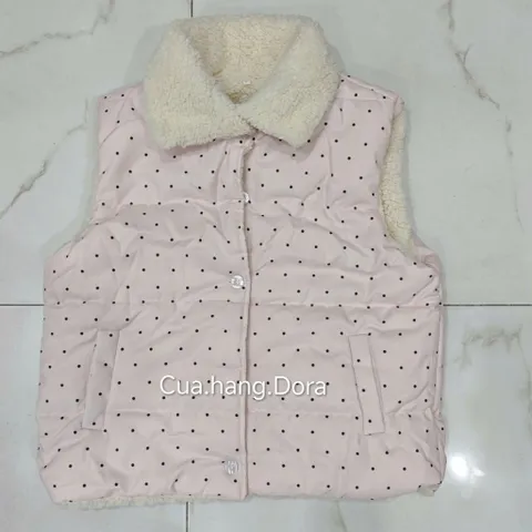 Áo phao gile hai mặt màu hồng chấm bi và lông cừu trắng cổ cao cho nữ
