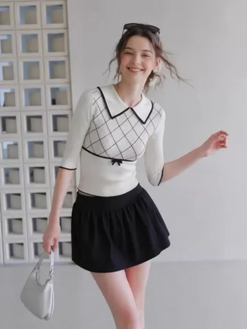 Áo len dệt lửng tay nữ cổ bẻ họa tiết kẻ ô sọc hình thoi thắt nơ eo viền đen style Hàn Quốc mùa thu