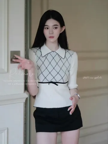 Áo len dệt lửng tay nữ cổ bẻ họa tiết kẻ ô sọc hình thoi thắt nơ eo viền đen style Hàn Quốc mùa thu
