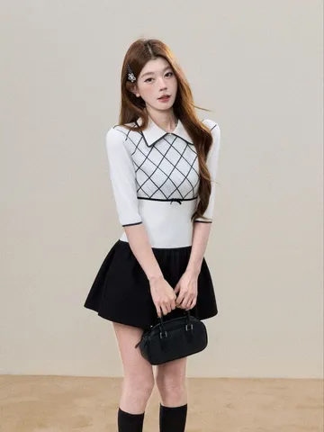 Áo len dệt lửng tay nữ cổ bẻ họa tiết kẻ ô sọc hình thoi thắt nơ eo viền đen style Hàn Quốc mùa thu