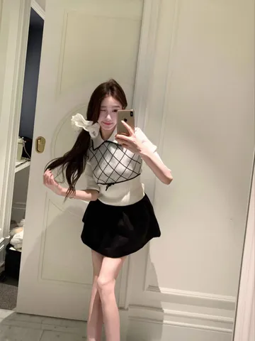 Áo len dệt lửng tay nữ cổ bẻ họa tiết kẻ ô sọc hình thoi thắt nơ eo viền đen style Hàn Quốc mùa thu