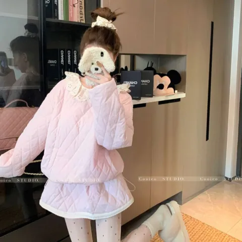 Set bộ áo phao và chân váy phao hình quả trám màu hồng dễ thương (SẴN)