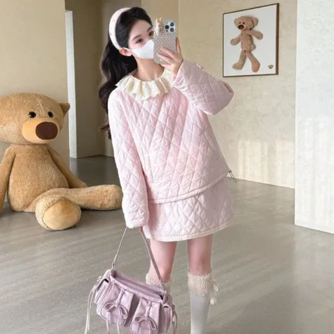 Set bộ áo phao và chân váy phao hình quả trám màu hồng dễ thương (SẴN)