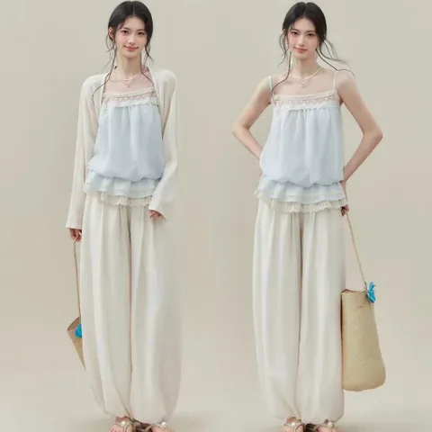 Áo hai dây voan tơ xanh phối ren ngực viền chun bo hông ngọt ngào