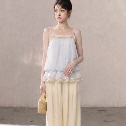 Áo hai dây voan tơ xanh phối ren ngực viền chun bo hông ngọt ngào