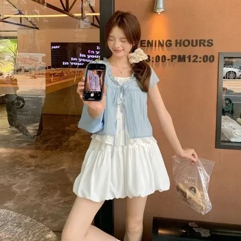 Áo babydoll kiểu hai lớp may liền kiểu khoác buộc dây viền bèo tiểu thư