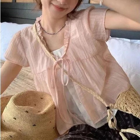 Áo babydoll kiểu hai lớp may liền kiểu khoác buộc dây viền bèo tiểu thư