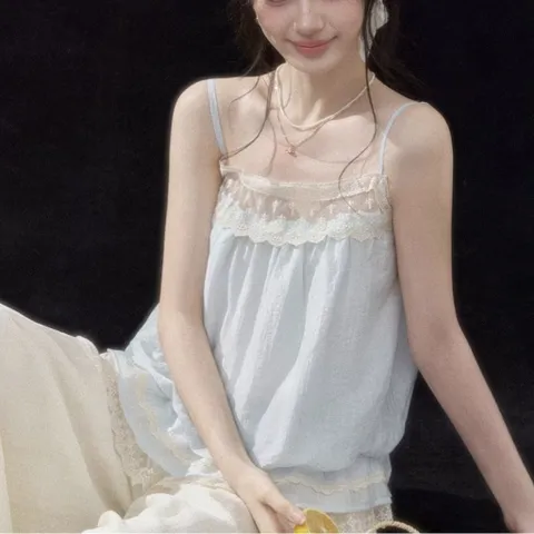 Áo hai dây voan tơ xanh phối ren ngực viền chun bo hông ngọt ngào