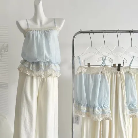 Áo hai dây voan tơ xanh phối ren ngực viền chun bo hông ngọt ngào
