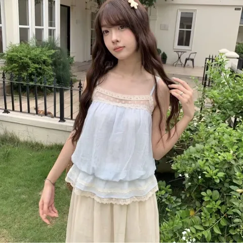 Áo hai dây voan tơ xanh phối ren ngực viền chun bo hông ngọt ngào