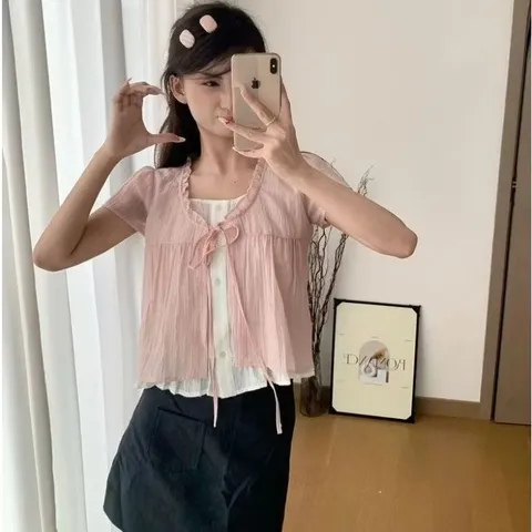 Áo babydoll kiểu hai lớp may liền kiểu khoác buộc dây viền bèo tiểu thư