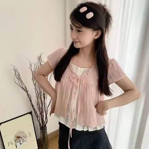 Áo babydoll kiểu hai lớp may liền kiểu khoác buộc dây viền bèo tiểu thư
