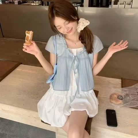 Áo babydoll kiểu hai lớp may liền kiểu khoác buộc dây viền bèo tiểu thư