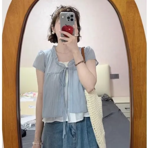 Áo babydoll kiểu hai lớp may liền kiểu khoác buộc dây viền bèo tiểu thư