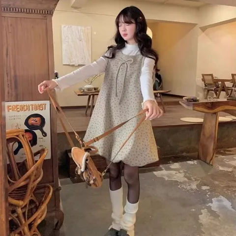 Váy yếm gile dáng bí ngô hoa nhí đính nơ ngọt ngào (KHÔNG KÈM ÁO) SẴN