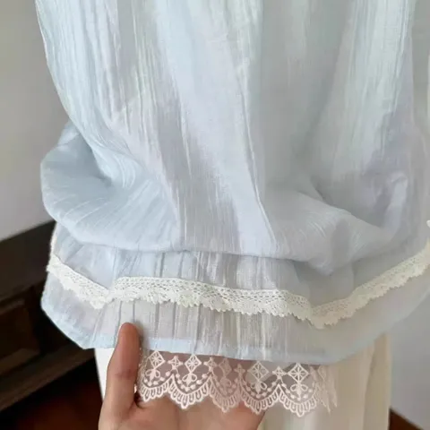 Áo hai dây voan tơ xanh phối ren ngực viền chun bo hông ngọt ngào
