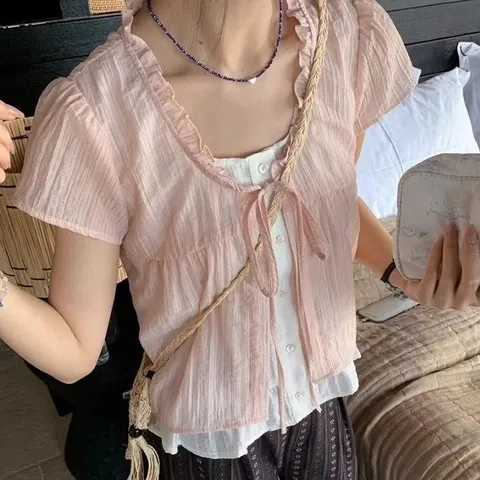 Áo babydoll kiểu hai lớp may liền kiểu khoác buộc dây viền bèo tiểu thư