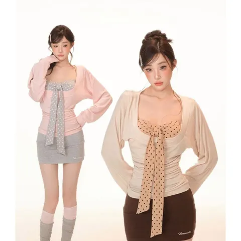 Set bộ áo quây chấm bi phối áo khoác thun dài tay và chân váy ngắn ôm thun gợi cảm