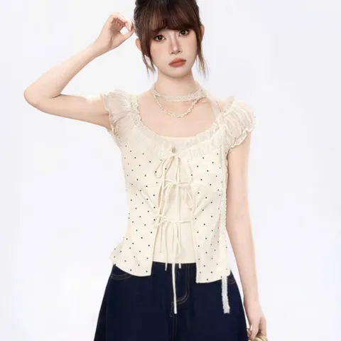 Áo Kiểu Nữ Chấm Bi Giả Hai Lớp Thắt Nơ Trước Phối Tay Bèo Voan Xinh Xắn Phong Cách Hàn Quốc