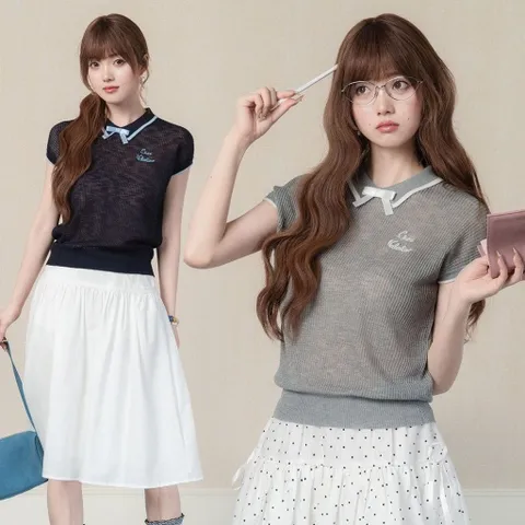Áo thun nữa len mỏng thoáng khí cổ bẻ phối viền thắt nơ ngực thêu chữ phong cách tiểu thư