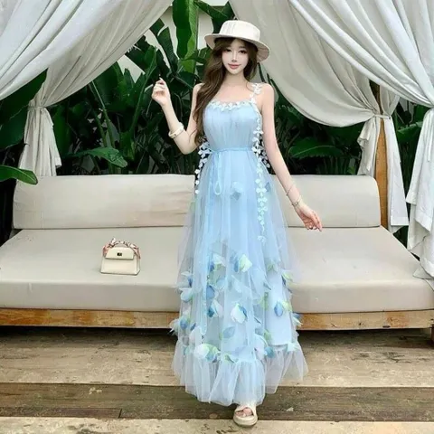 Váy hai dây hoa xanh lưới dáng suông viền bèo đính hoa lá vải sắc xanh tiểu thư đi biển (SẴN SHIP HỎA TỐC)