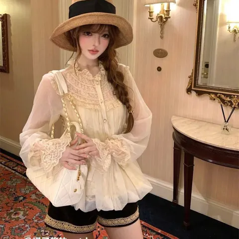 Áo ren lưới màu kem bèo nhún kèm dây eo nơ tiểu thư phong cách Pháp (XẢ)