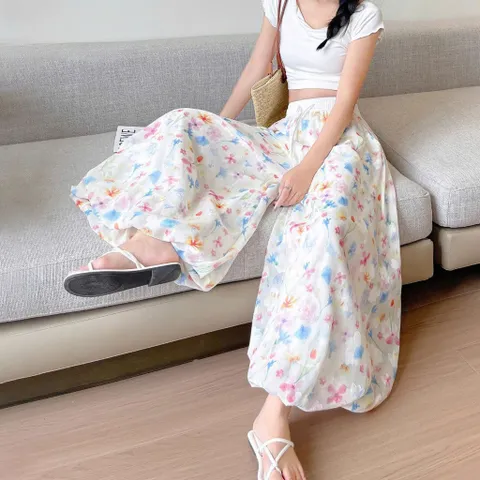 Quần bí dáng váy hoa sắc màu ống rộng vải voan hè mát mẻ (SẴN HÀNG CHUẨN LOẠI I QUẢNG CHÂU in nét)