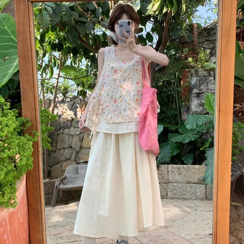 Set Áo Hai Dây Hoa Nhí Sắc Màu Mix Chân Váy Dài Màu Be - Bộ Đồ Nữ Vintage Mori Girl Đi Chơi, Đi Biển