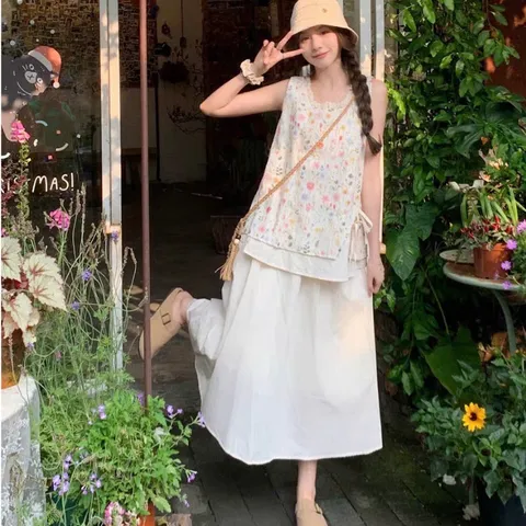 Set Áo Hai Dây Hoa Nhí Sắc Màu Mix Chân Váy Dài Màu Be - Bộ Đồ Nữ Vintage Mori Girl Đi Chơi, Đi Biển
