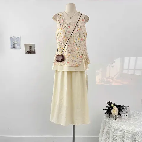 Set Áo Hai Dây Hoa Nhí Sắc Màu Mix Chân Váy Dài Màu Be - Bộ Đồ Nữ Vintage Mori Girl Đi Chơi, Đi Biển